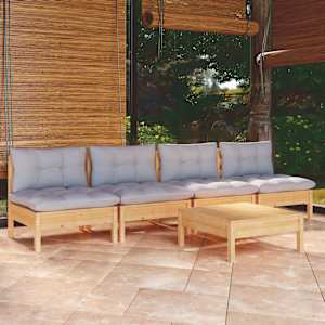 Vrtna sedežna garnitura 5-delna s sivimi blazinami borovina