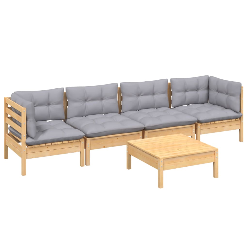 

vidaXL 5-delige Loungeset met grijze kussens massief grenenhout