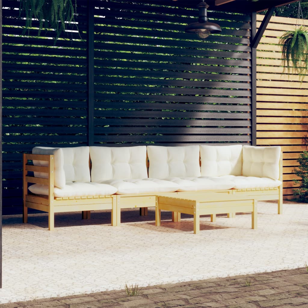 5-tlg. Garten-Lounge-Set mit Creme Kissen Kiefer Massivholz