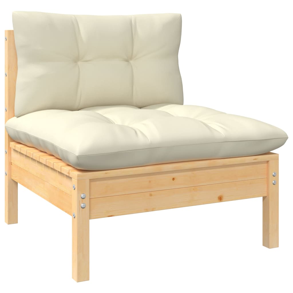 Zestaw wypoczynkowy ogrodowy, drewno sosnowe, kremowe poduszki, wymiary 63,5x63,5x62,5 cm