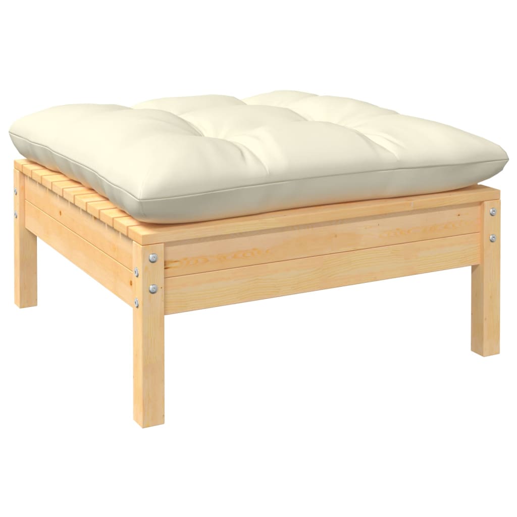 Zestaw wypoczynkowy ogrodowy, drewno sosnowe, kremowe poduszki, wymiary 63,5x63,5x62,5 cm