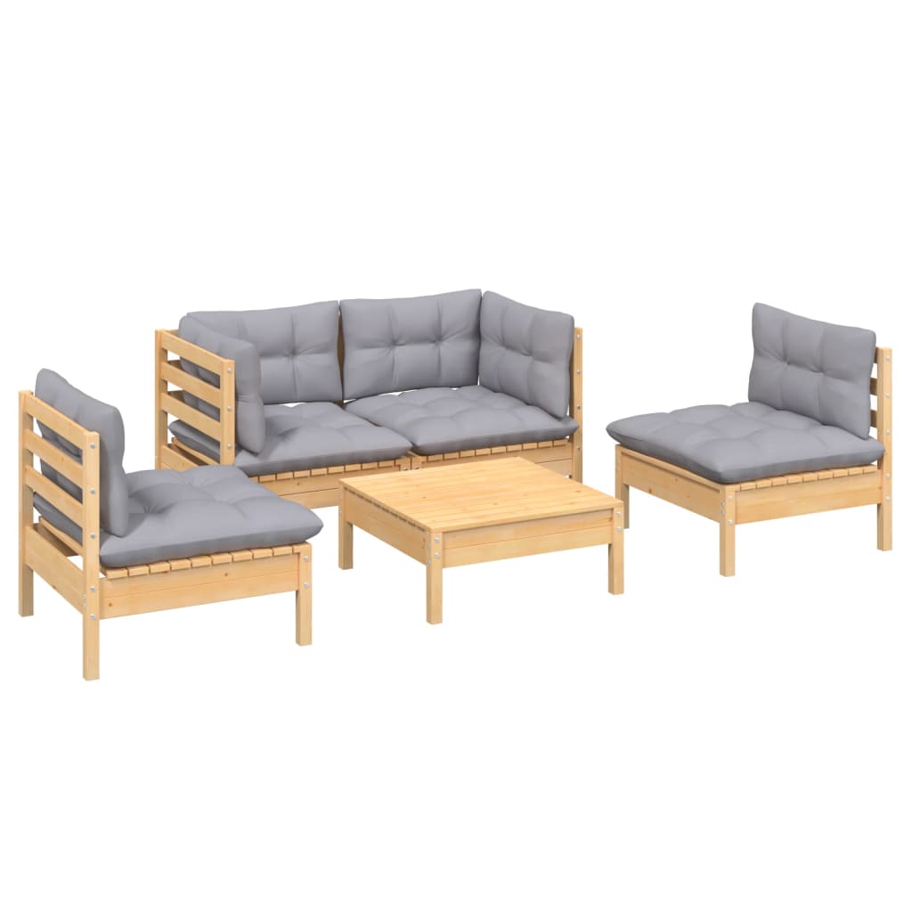 vidaXL 5-delige Loungeset met grijze kussens massief grenenhout afbeelding