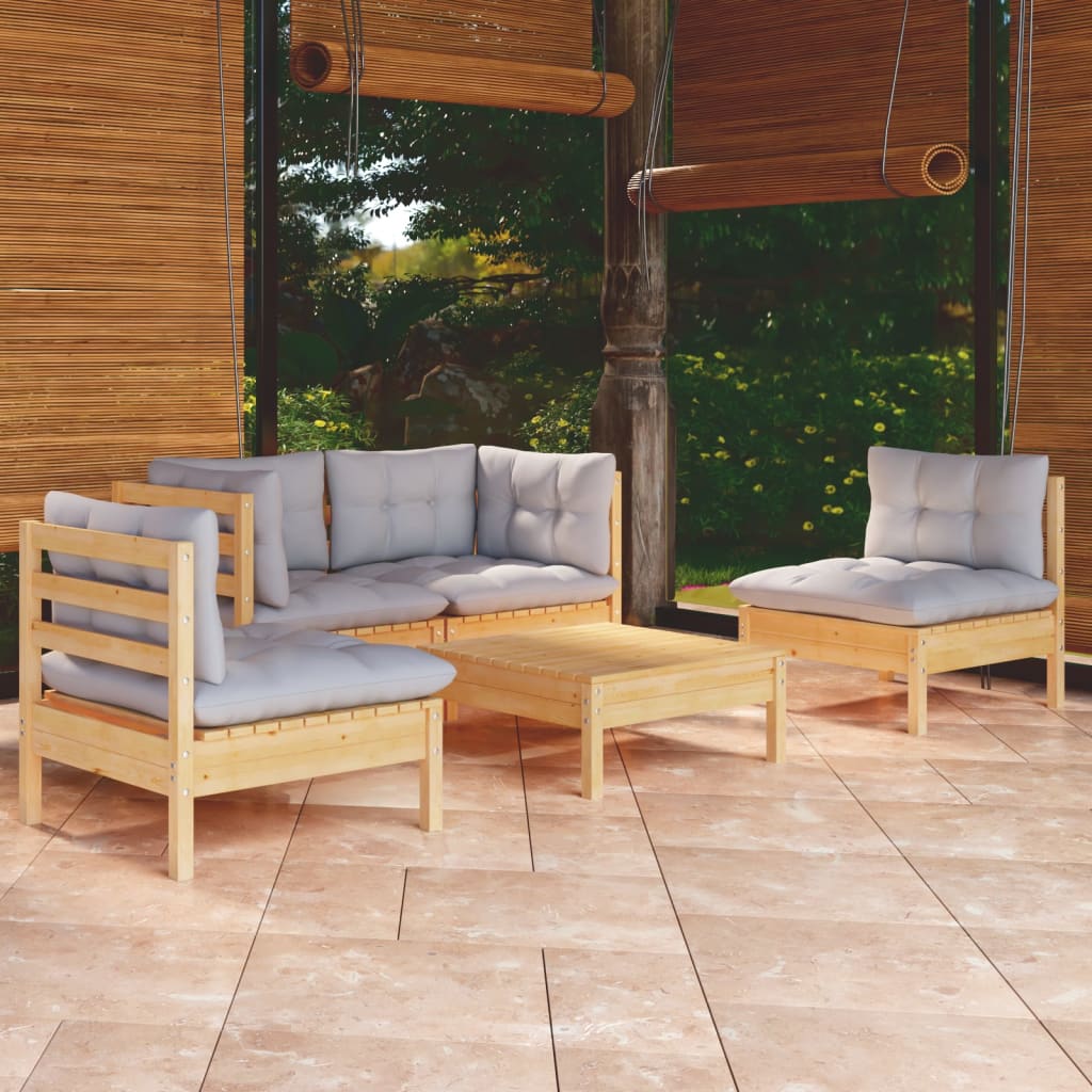 vidaXL 5-tlg. Garten-Lounge-Set mit Grauen Kissen Kiefer Massivholz