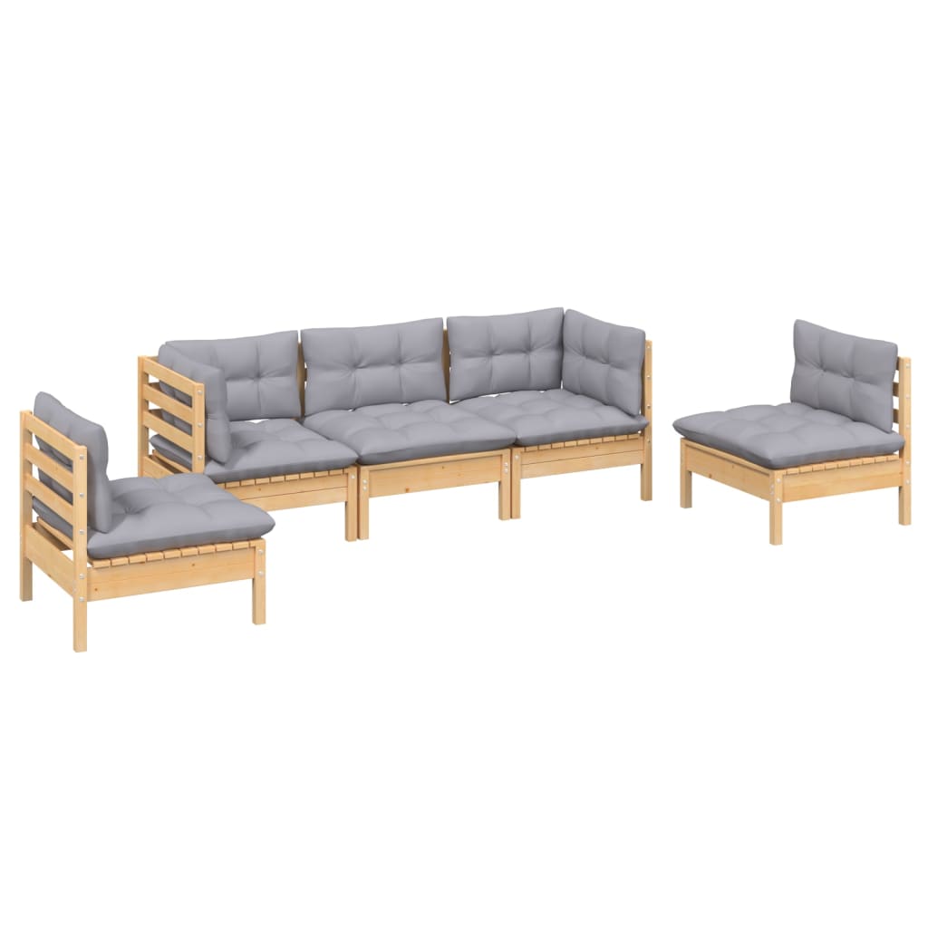 

vidaXL 5-delige Loungeset met grijze kussens massief grenenhout
