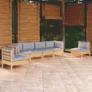 Vrtna sedežna garnitura 6-delna s sivimi blazinami borovina