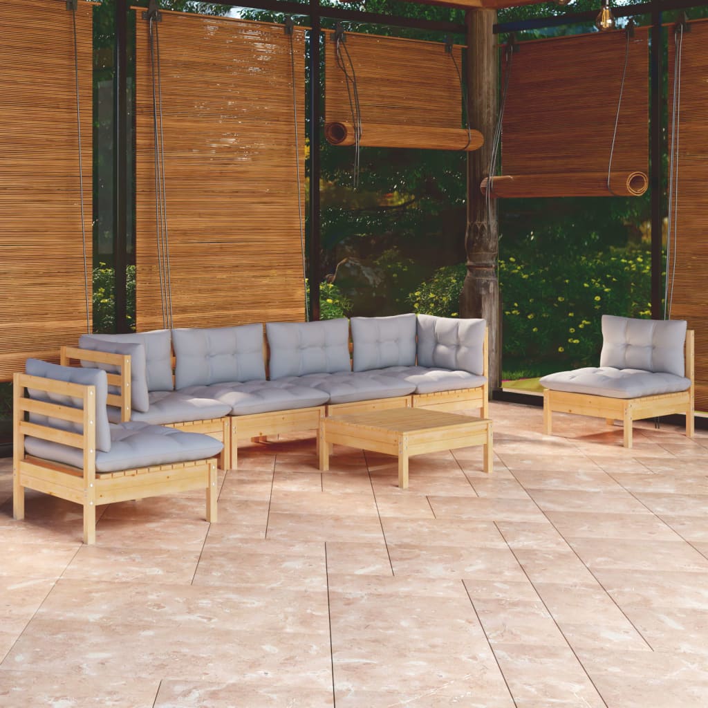 vidaXL 7-tlg. Garten-Lounge-Set mit Grauen Kissen Kiefer Massivholz