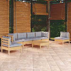 Vrtna sedežna garnitura 7-delna s sivimi blazinami borovina