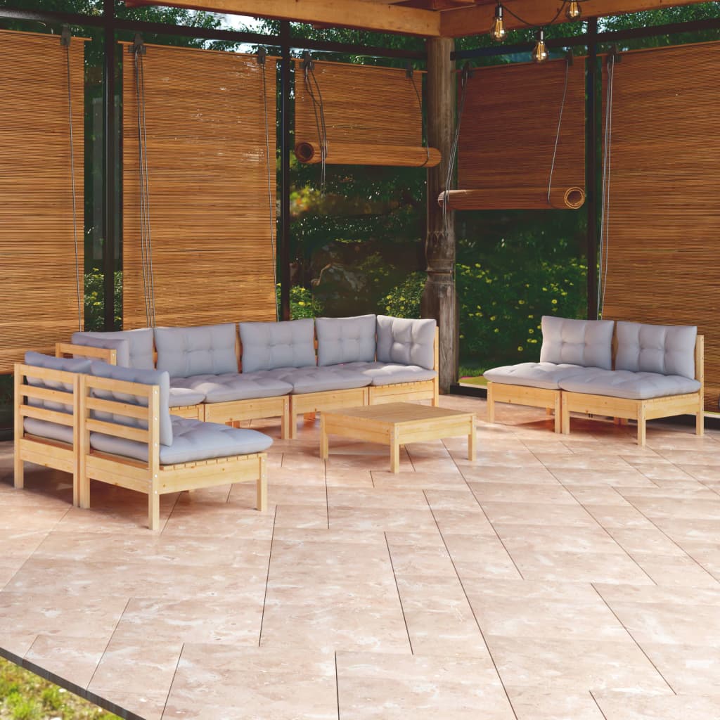 vidaXL 9-tlg. Garten-Lounge-Set mit Grauen Kissen Kiefer Massivholz