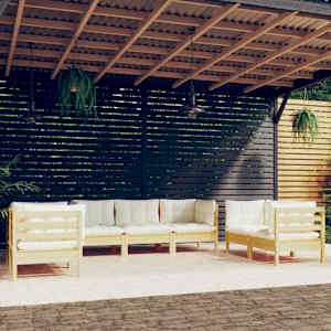 Vrtna sedežna garnitura 7-delna s krem blazinami trdna borovina