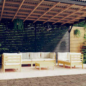 Vrtna sedežna garnitura 8-delna s krem blazinami trdna borovina