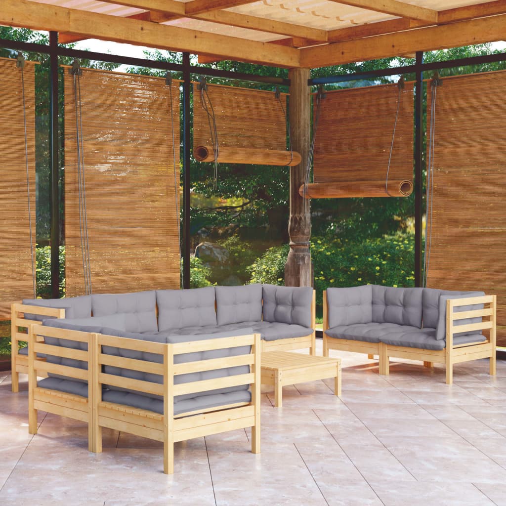 vidaXL 9-tlg. Garten-Lounge-Set mit Grauen Kissen Kiefer Massivholz