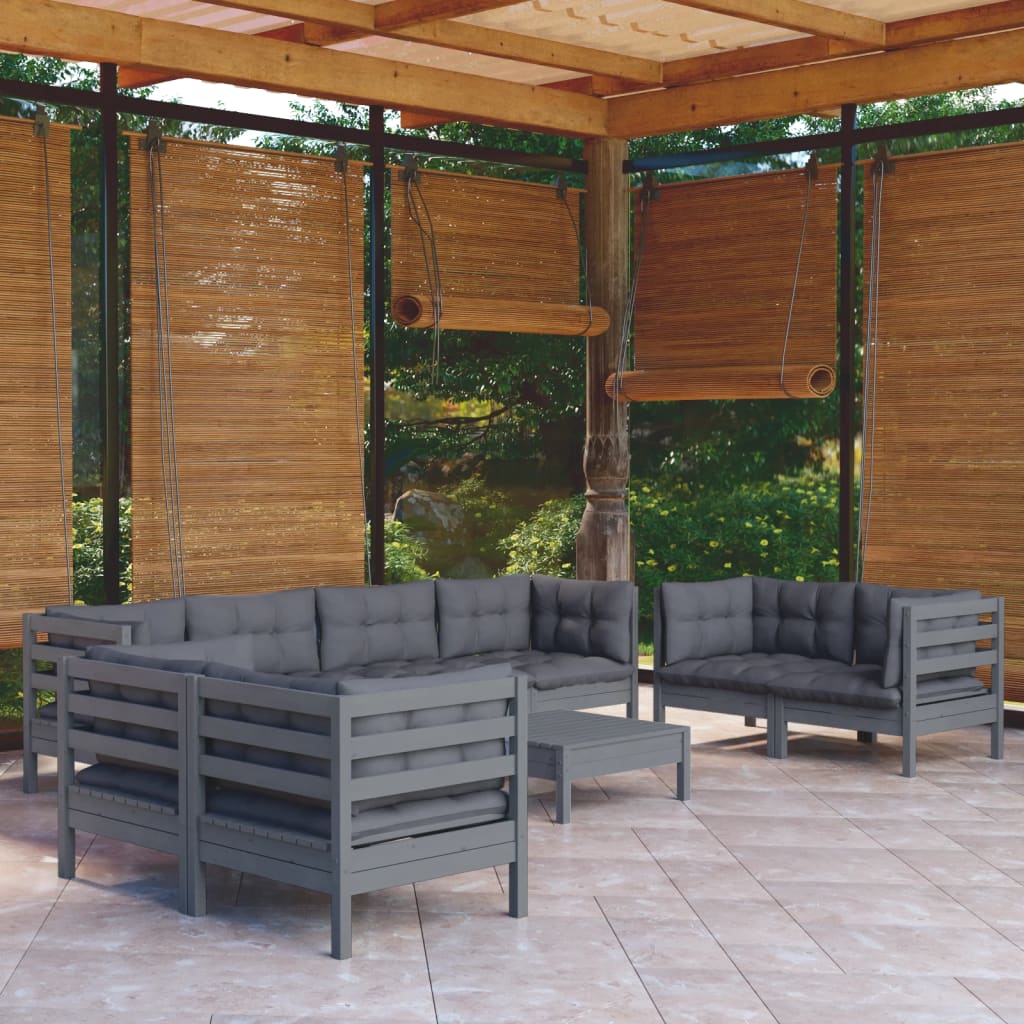 Salon de jardin 9 pcs avec coussins bois de pin massif