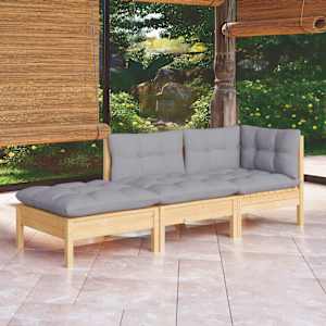 Vrtna sedežna garnitura 3-delna s sivimi blazinami borovina