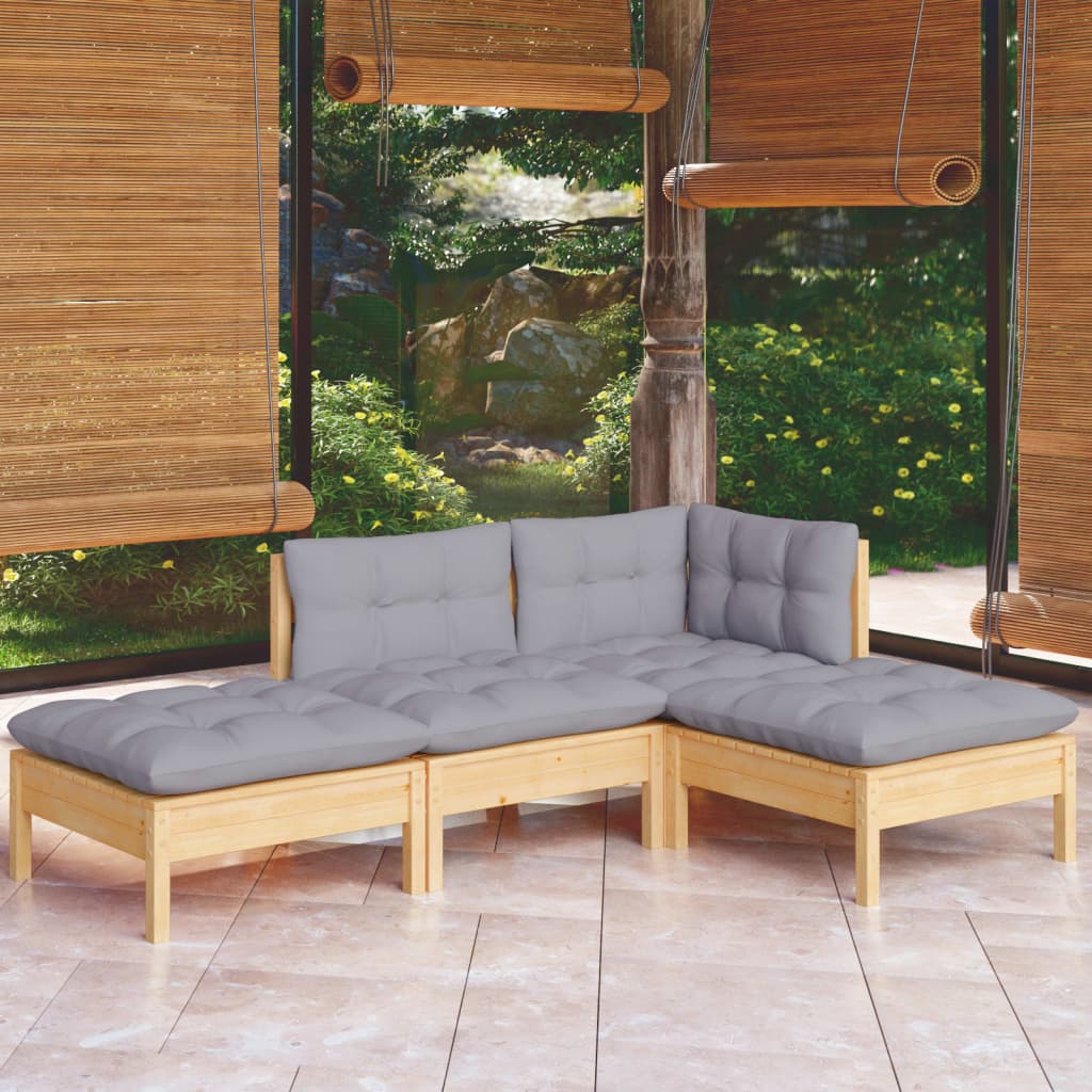 vidaXL 4 pcs conjunto lounge de jardim + almofadões cinza pinho maciço