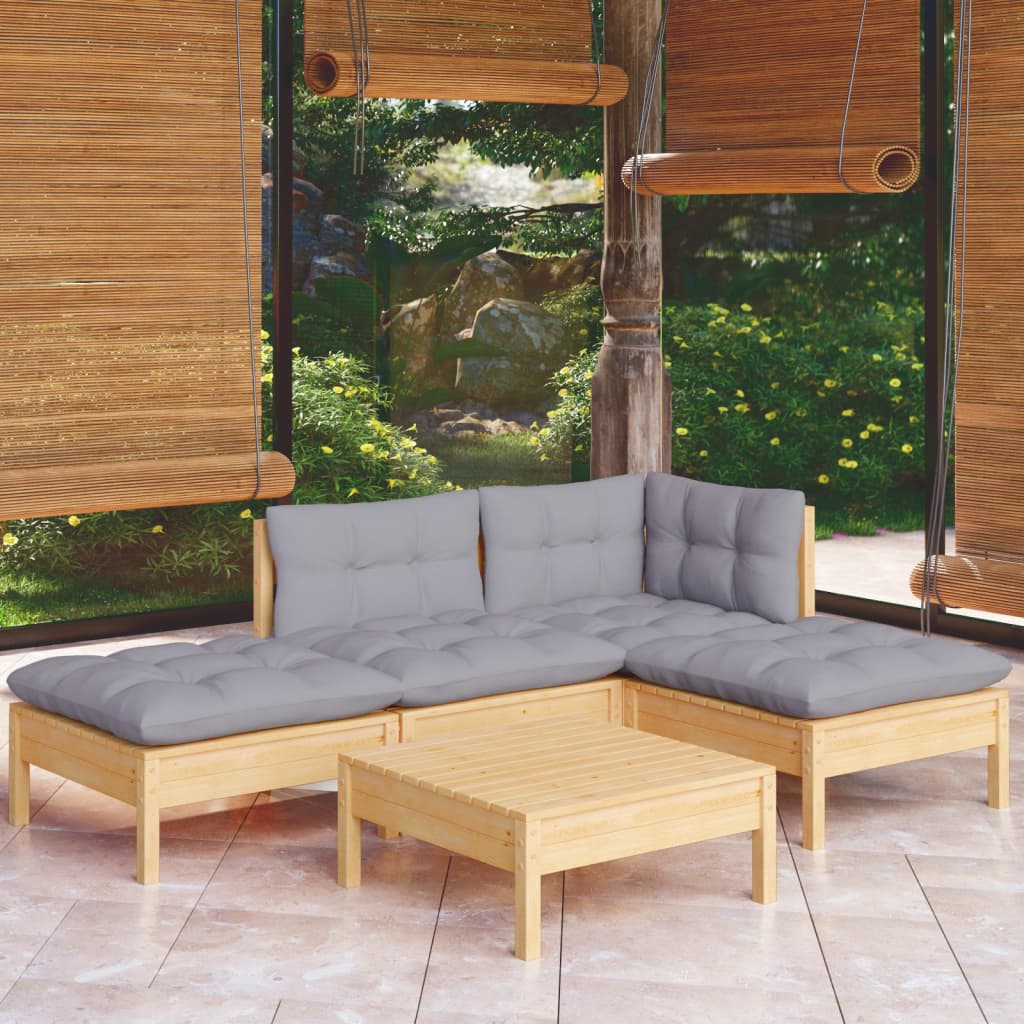 vidaXL 5-tlg. Garten-Lounge-Set mit Grauen Kissen Kiefernholz