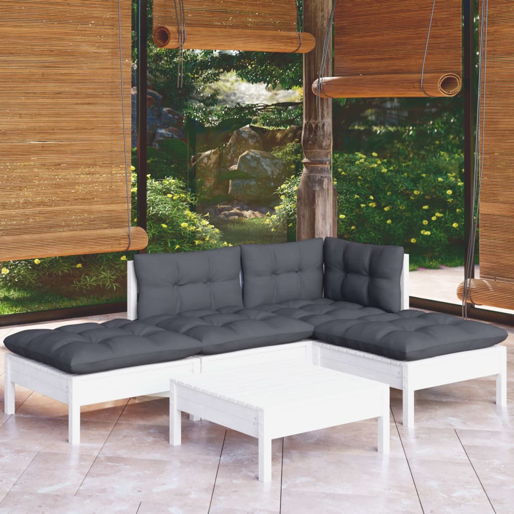 vidaXL 5-tlg. Garten-Lounge-Set mit Kissen Weiß Kiefernholz