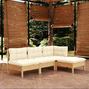 Vrtna sedežna garnitura 4-delna s krem blazinami borovina