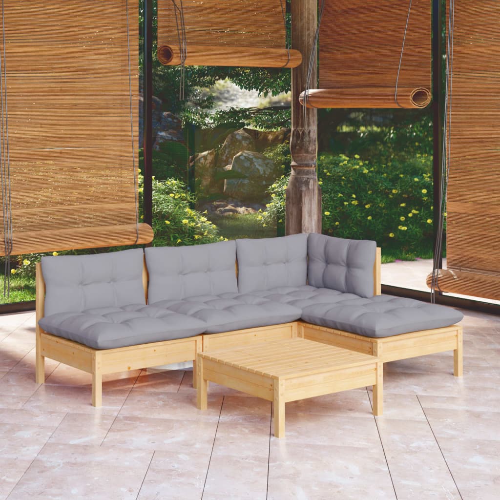 vidaXL 5-tlg. Garten-Lounge-Set mit Grauen Kissen Kiefernholz