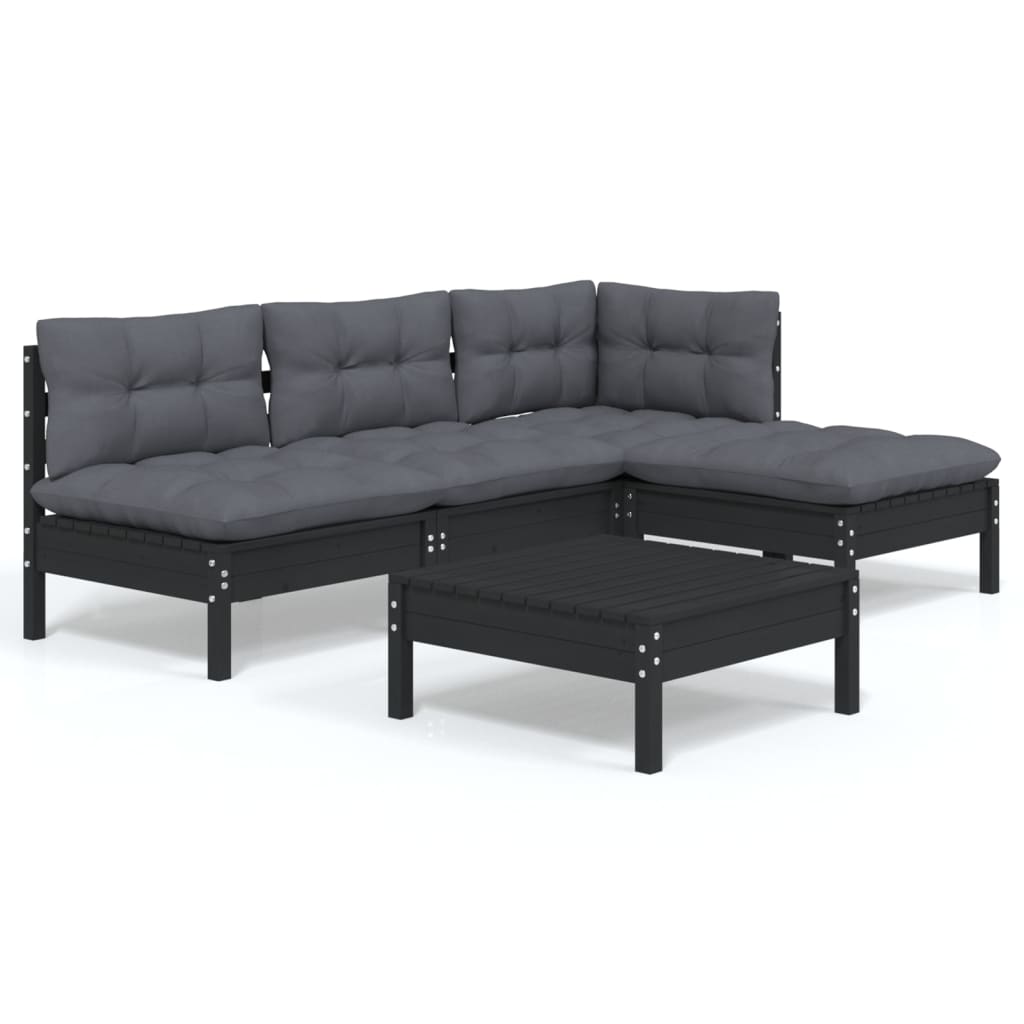 Set mobilier grădină cu perne, 5 piese, negru, lemn de pin