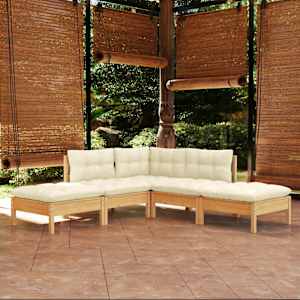 Vrtna sedežna garnitura 5-delna s krem blazinami trdna borovina