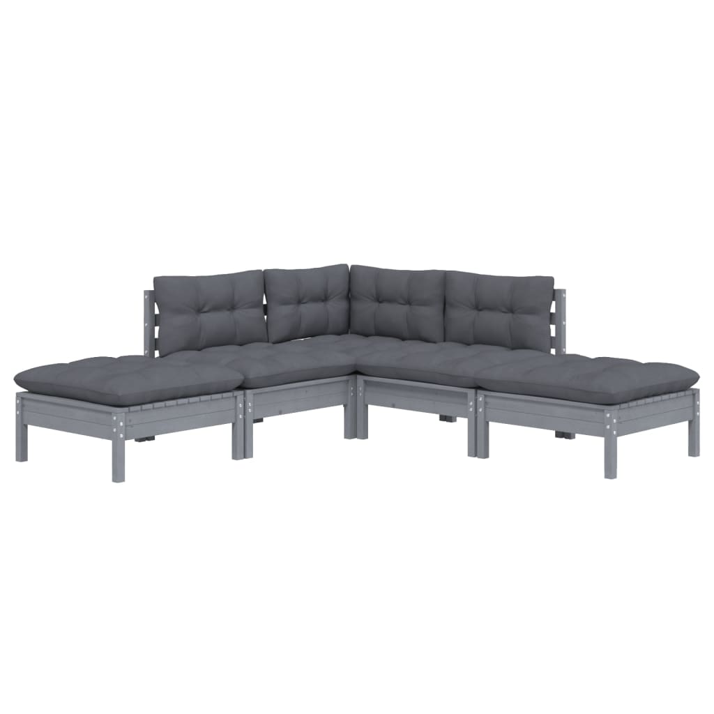 Set mobilier de grădină cu perne, 5 piese, gri, lemn de pin