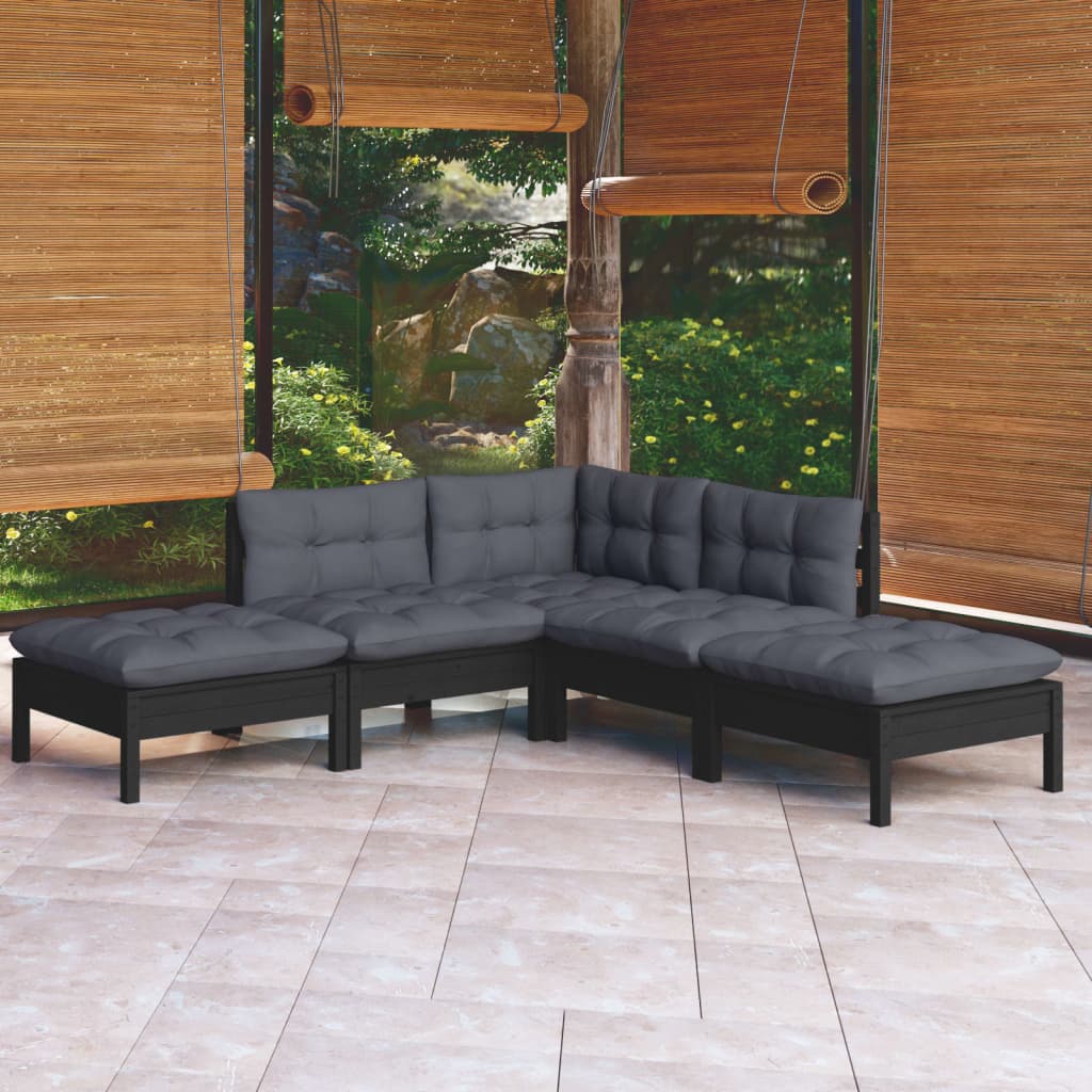 vidaXL 5-tlg. Garten-Lounge-Set mit Kissen Schwarz Kiefernholz