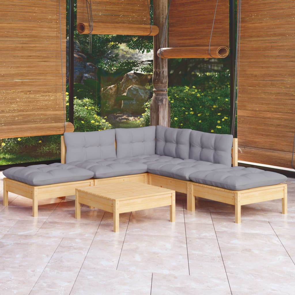 vidaXL 6-tlg. Garten-Lounge-Set mit Grauen Kissen Kiefernholz