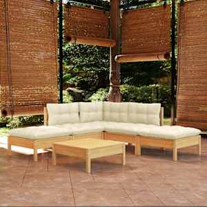 Vrtna sedežna garnitura 6-delna s krem blazinami borovina