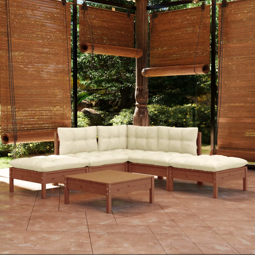 Salon de jardin 6 pcs avec coussins marron miel bois de pin