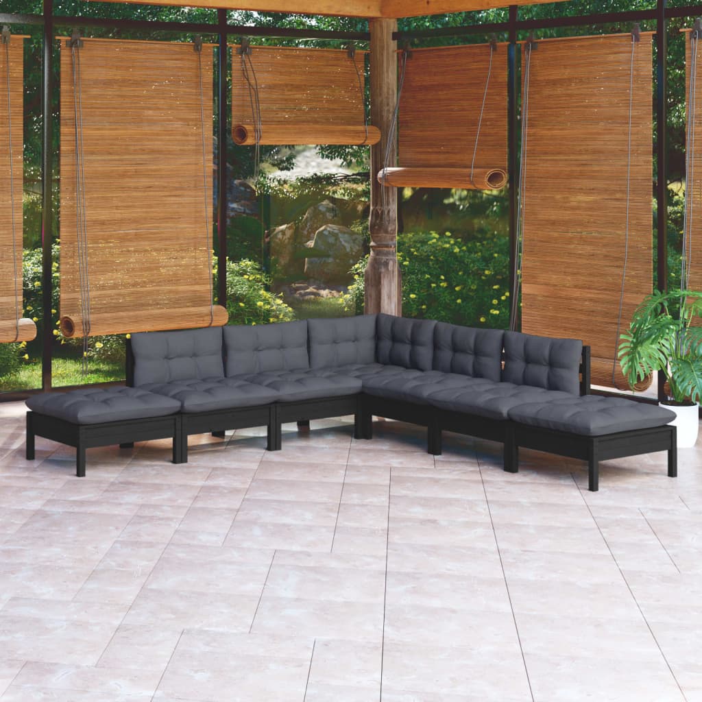 vidaXL 7-tlg. Garten-Lounge-Set mit Kissen Schwarz Kiefernholz