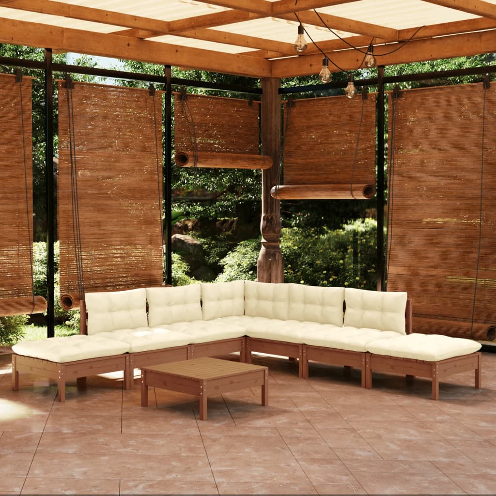 Salon de jardin 8 pcs avec coussins marron miel bois de pin