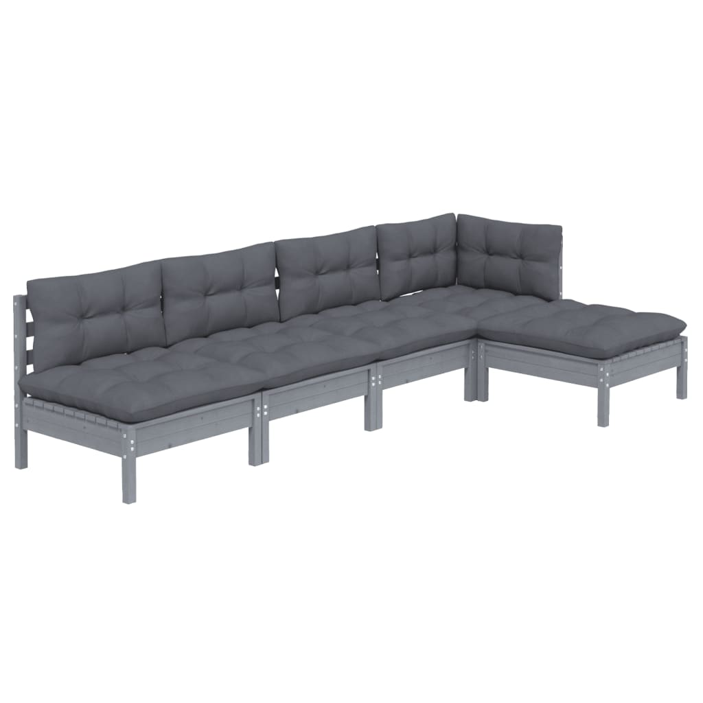 

vidaXL 5-delige Loungeset met kussens grenenhout grijs