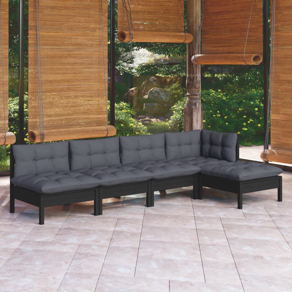 vidaXL 5-tlg. Garten-Lounge-Set mit Kissen Schwarz Kiefernholz