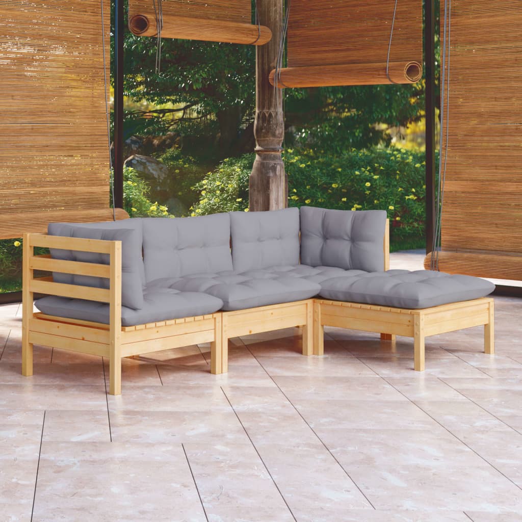 vidaXL 4-tlg. Garten-Lounge-Set mit Grauen Kissen Kiefernholz