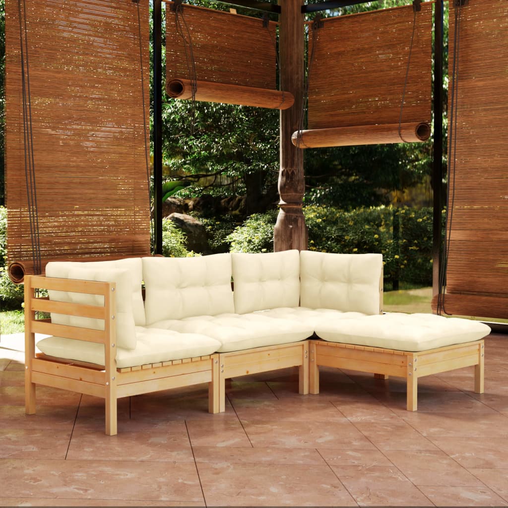 4-tlg. Garten-Lounge-Set mit Creme Kissen Kiefernholz