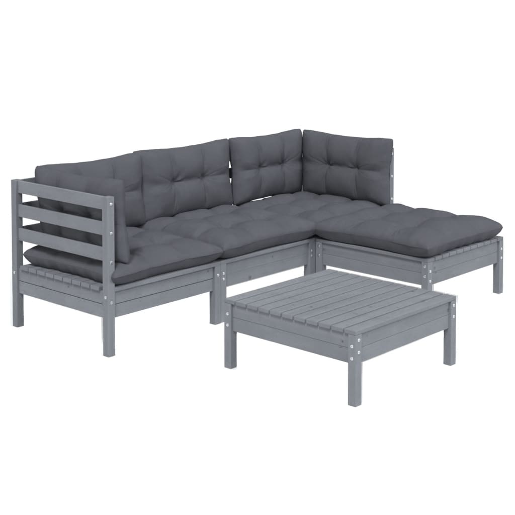 

vidaXL 5-delige Loungeset met kussens grenenhout grijs