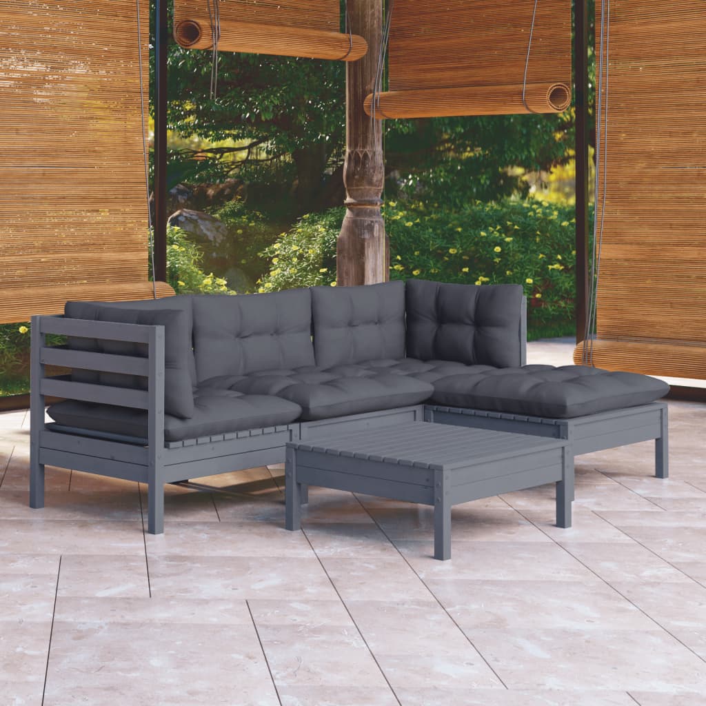 vidaXL 5-tlg. Garten-Lounge-Set mit Kissen Grau Kiefernholz