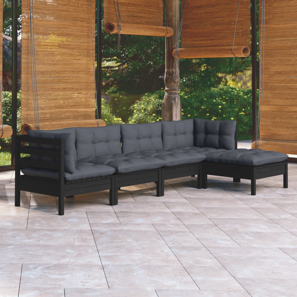 vidaXL 5-tlg. Garten-Lounge-Set mit Kissen Schwarz Kiefernholz