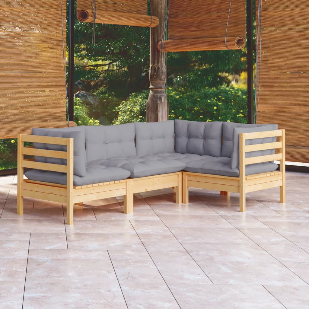 vidaXL 4-tlg. Garten-Lounge-Set mit Grauen Kissen Kiefernholz