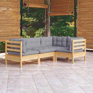 Vrtna sedežna garnitura 4-delna s sivimi blazinami borovina