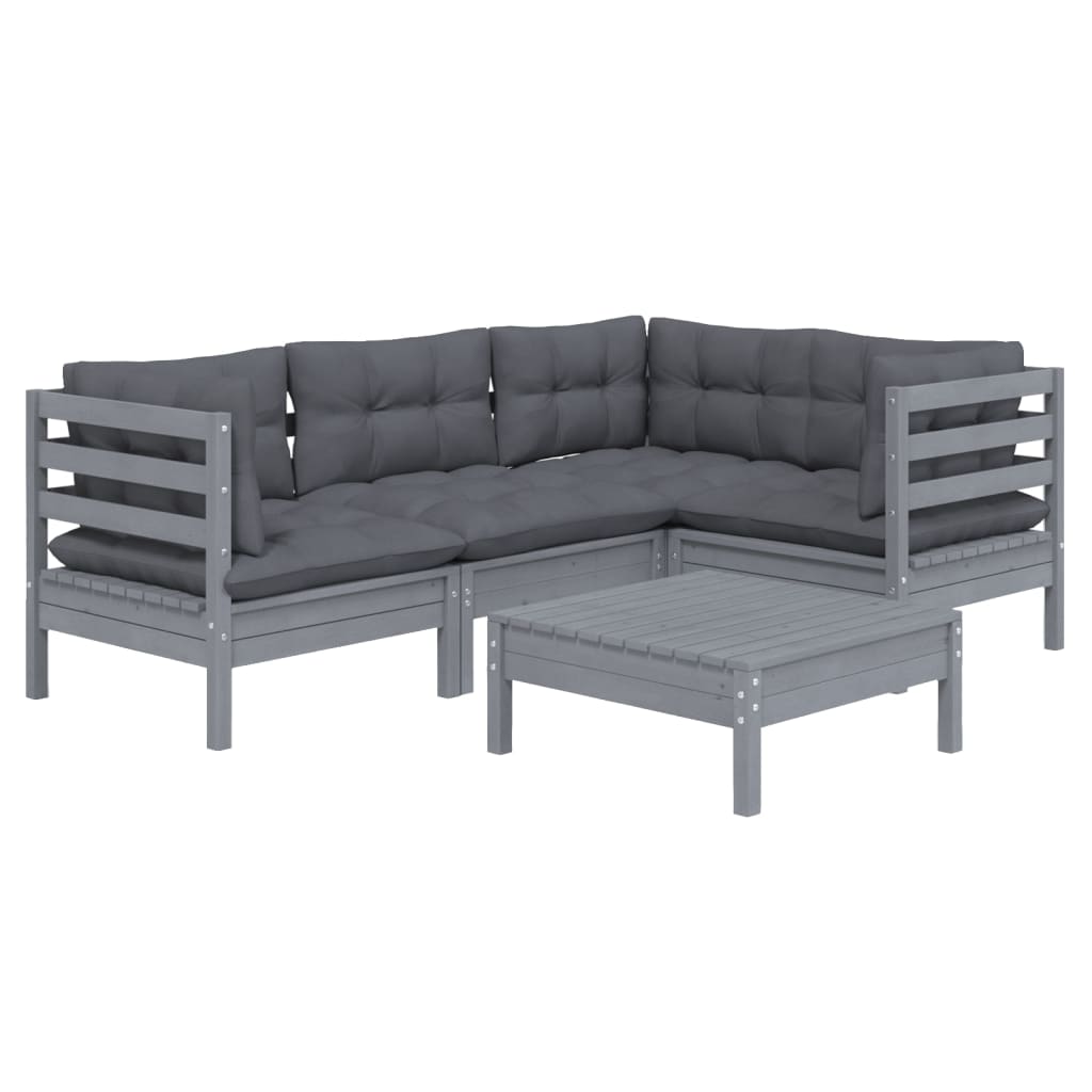 

vidaXL 5-delige Loungeset met kussens grenenhout grijs