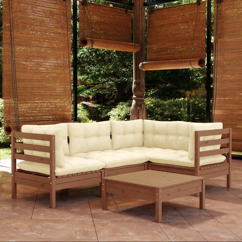 Salon de jardin 5 pcs avec coussins Marron miel Bois de pin