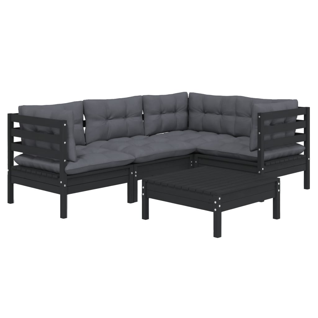 

vidaXL 5-delige Loungeset met kussens grenenhout zwart