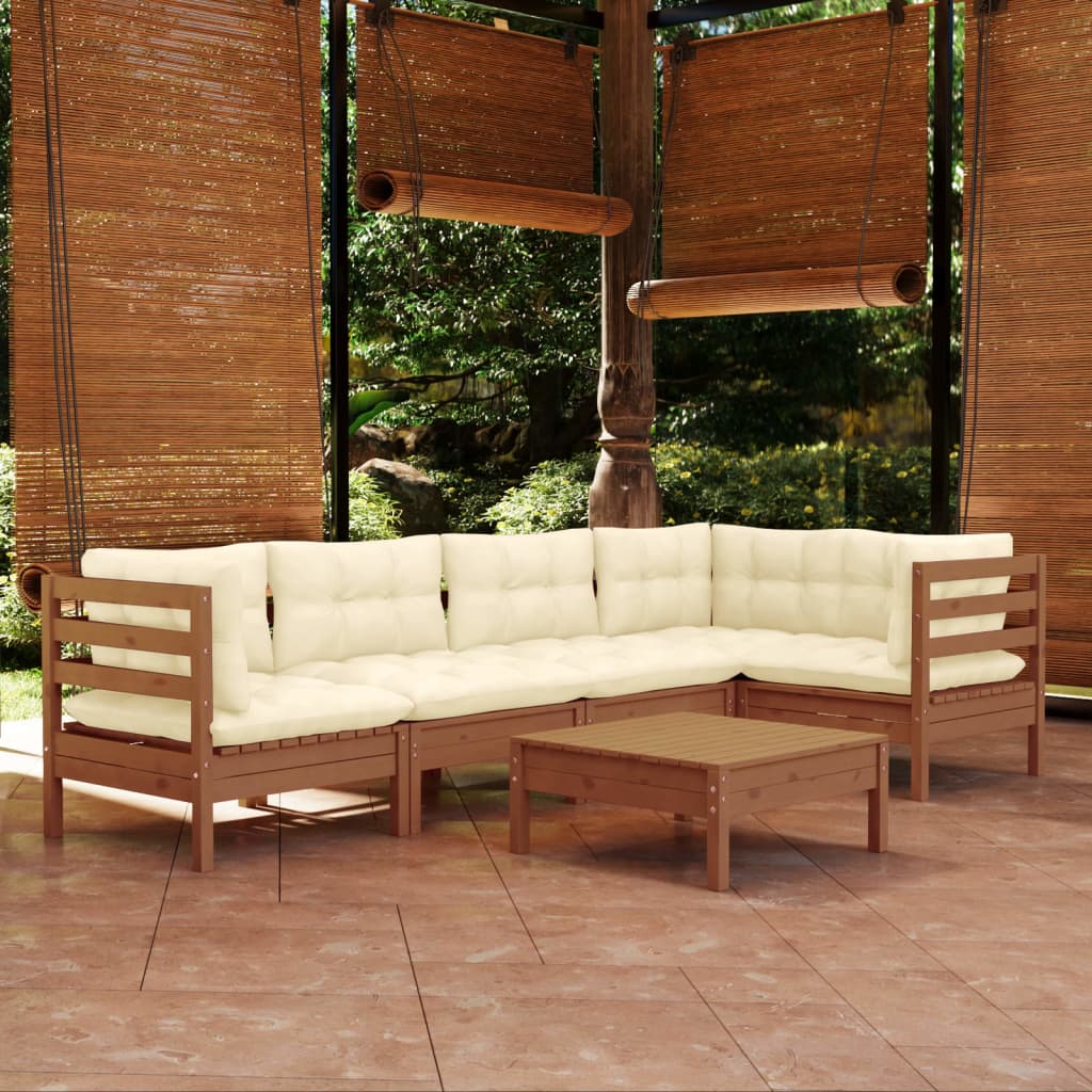 Salon de jardin 6 pcs avec coussins Marron miel Bois de pin