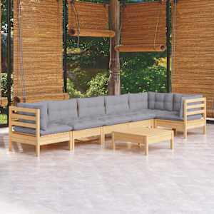 Vrtna sedežna garnitura 7-delna s sivimi blazinami borovina