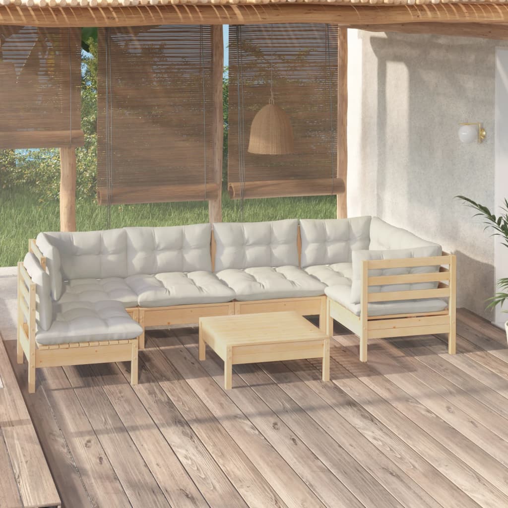 vidaXL 7-cz. zestaw wypoczynkowy do ogrodu, kremowe poduszki, sosnowy