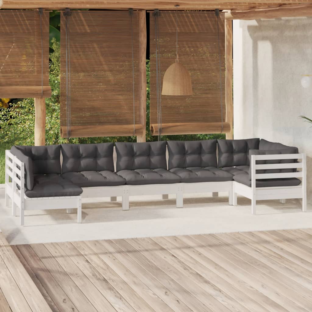 vidaXL Set mobilier de grădină cu perne, 7 piese, alb, lemn de pin alb