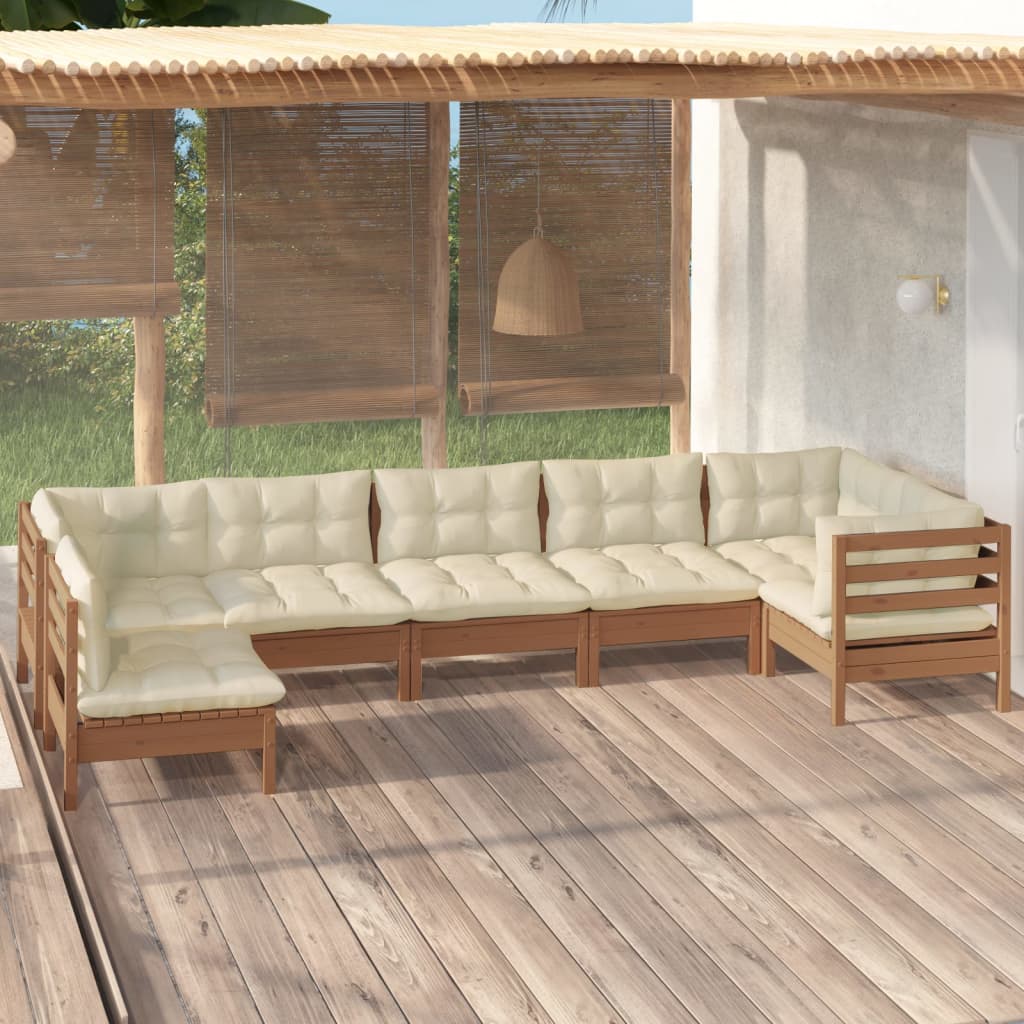 Salon de jardin 7 pcs avec coussins Marron miel Bois de pin