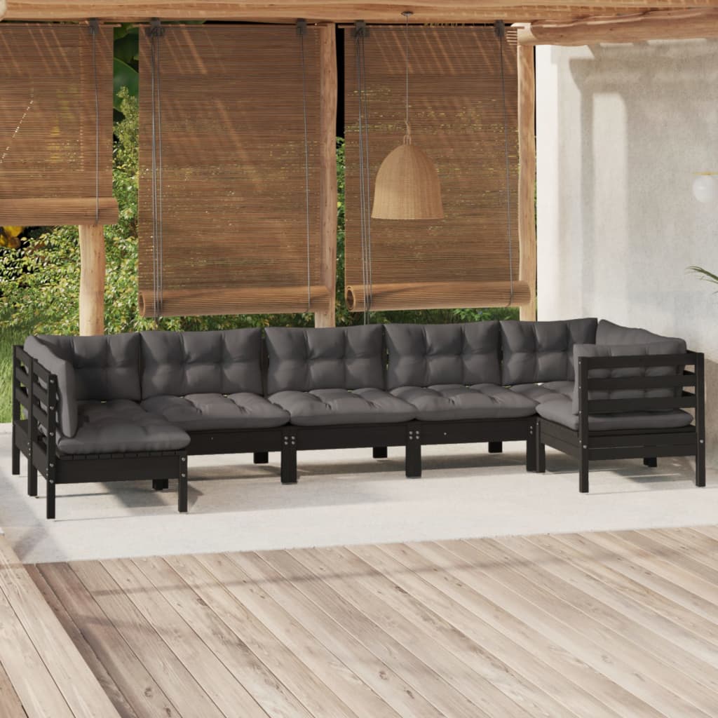 vidaXL 7-tlg. Garten-Lounge-Set mit Kissen Schwarz Kiefernholz