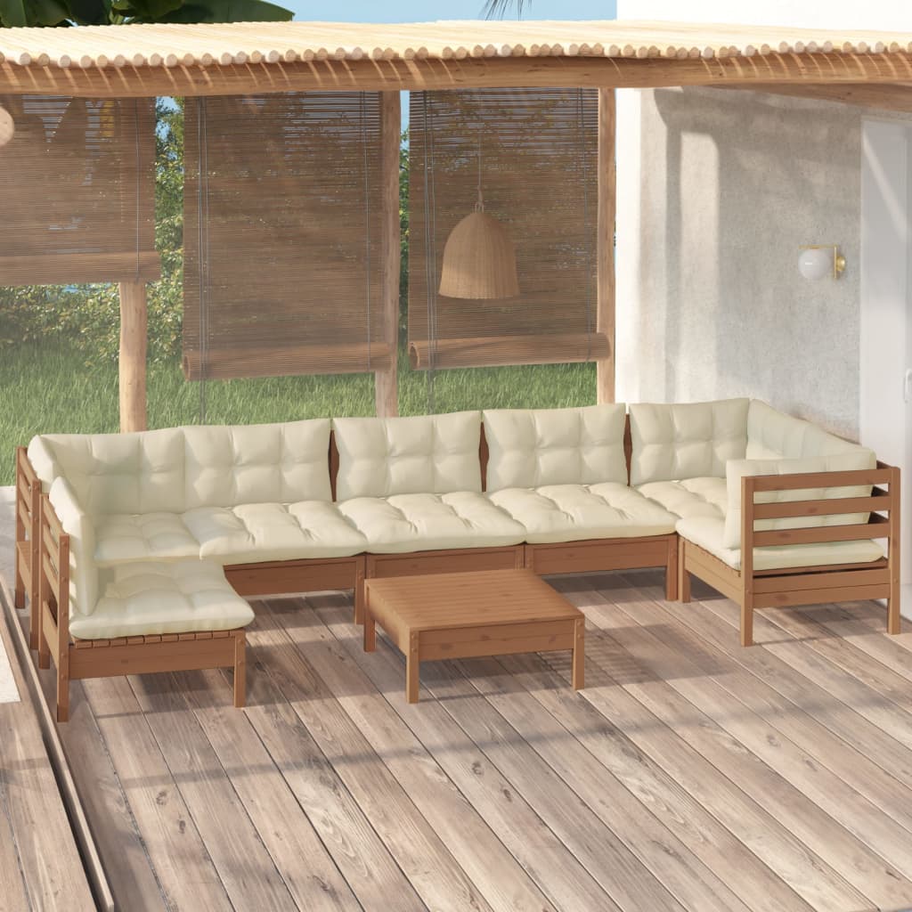 Salon de jardin 8 pcs avec coussins Marron miel Bois de pin
